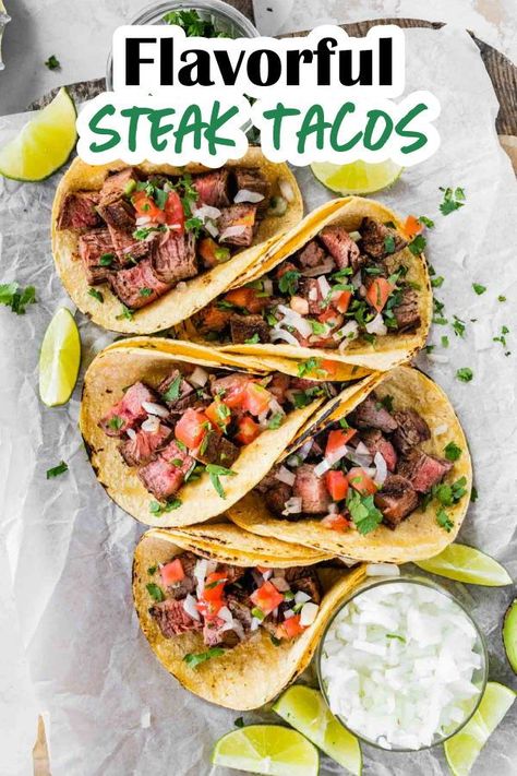 Easy flavorful Steak Tacos are a tasty Mexican dish with marinated grilled steak strips in soft tortillas loaded with your favorite toppings. Recipe For Tacos, Steak Taco Recipe, Steak Taco, Flank Steak Recipe, Rotisserie Chicken Tacos, Flank Steak Tacos, Steak Tacos, Grilled Steak Recipes, Grilled Flank Steak