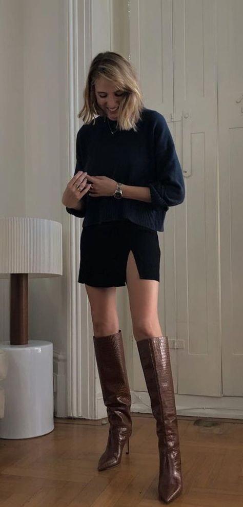 Skirt And High Boots Outfit, Unpolished Casual, Tall Brown Boots Outfit, Brown Knee High Boots Outfit, Gig Outfits, Fall Outfit 2023, Long Boots Outfit, Tall Boots Outfit, Heels Boots Outfit