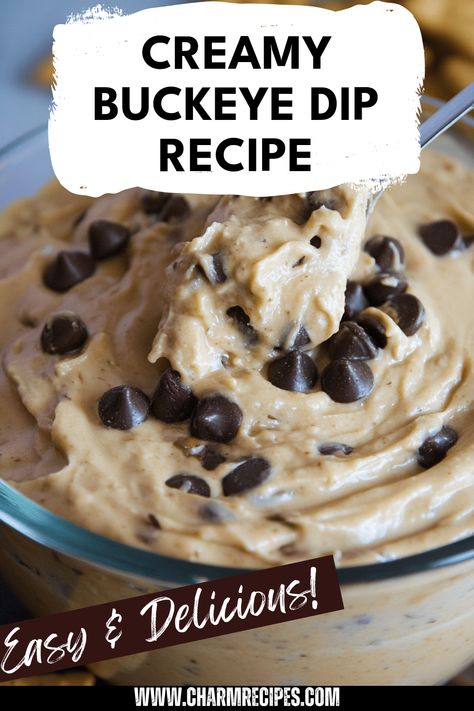 This Creamy Buckeye Dip is a perfect treat for parties or game days! Made to taste like the beloved Buckeye candies, this dip combines rich peanut butter and sweet chocolate chips for an irresistible snack. Serve it alongside graham crackers, fresh fruit, or even pretzels for delightful flavor combinations. Whether you're entertaining friends or enjoying a cozy night in, this peanut butter chocolate dip is sure to impress. Dip into this easy-to-make dessert option that everyone will love! Peanut Butter Chocolate Chip Dip, Graham Cracker Dip Recipes, Peanut Butter Cream Cheese Dip, Sweet Dips Easy, Buckeye Dip Recipe, Cracker Dip Recipe, Buckeye Candies, Buckeye Dip, Graham Cracker Dip