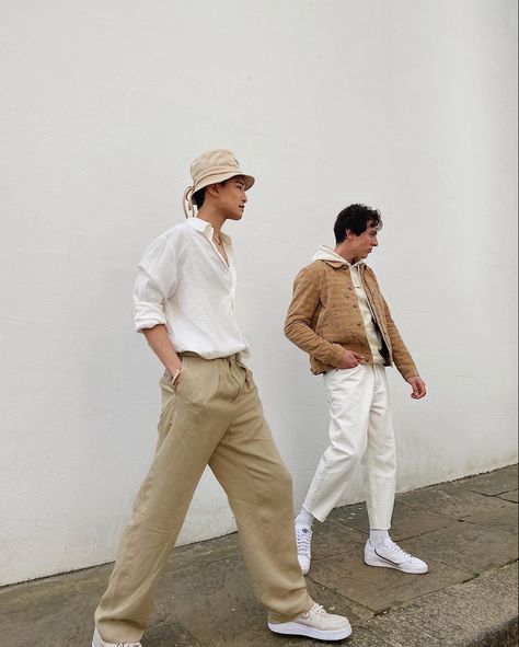 Street fashion | neutral tone | earth tone | dual shots | matching outfits Earth Tones Women Outfit, Earth Color Outfit Men, Mens Earth Tone Outfits, Neutral Outfit Men, Earth Tone Men Outfit, Neutral Mens Outfits, Earth Colors Outfit, Startup Outfit, Earth Tone Style