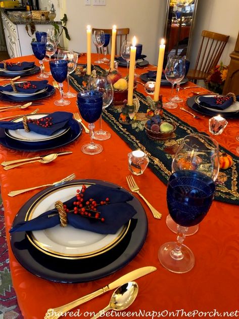 Orange Tablescape, Red Table Settings, Blue Orange Weddings, Tablescapes Autumn, Blue Table Settings, Gold Table Setting, Burnt Orange Weddings, Orange Party, Orange Table