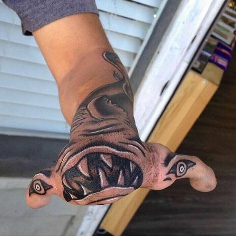 This Instagram Page Features 50 People Who Choose To Get Crazy Tattoos - Little Laama Nice Tattoo For Men, Tattoos Men Hand, Man Hand Tattoo, Men’s Hand Tattoos, Shark Teeth Tattoo, Hand Tattoo For Men, Tatoos Men Ideas, Tattoo Ideas For Men Hand, Tattoo Shark