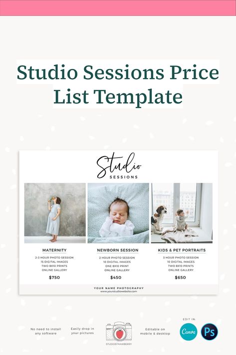 Studio Sessions Price List Template Photographers Price List, Pricing List, Photography Price List, Photography Marketing Templates, Price List Template, Studio Session, Photography Pricing, Photography Marketing, Photography Newborn