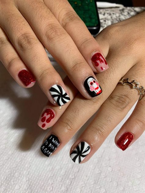 Saw Halloween Nails, Halloween Nails Horror Movies, Saw Movie Nails, Toe Nails Halloween, Jig Saw Nails, Jason Halloween Nails, Jigsaw Nail Art, Saw Nails Halloween, Jigsaw Nails Halloween