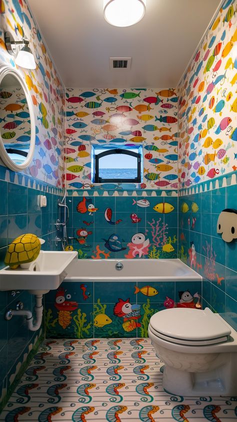 Small Kids Bathroom🤩🤩 2000s Interior Design, Small Kids Bathroom, Room Within A Room, Children Bathroom, Fish Bathroom, Room Reference, Ocean Bathroom, Fish Room, Sea Aquarium