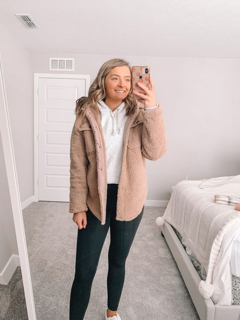 Tan sherpa shacket, Lululemon leggings, champion hoodie Tan Sherpa Jacket Outfit, Sherpa Shacket Outfit, Tan Shacket Outfit, Sherpa Hoodie Outfit, Tan Hoodie Outfit, Tan Fall Jacket, Sherpa Outfits, Hoodie Jacket Outfit, Flannel Ideas