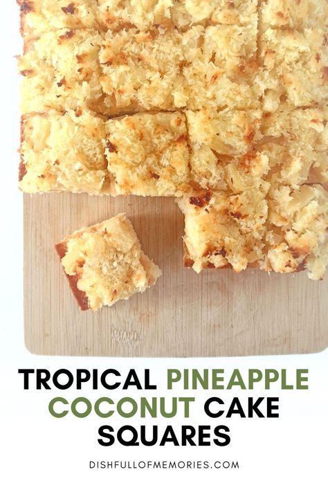 Pineapple Coconut Cake Squares Tray Bake Pineapple Banana Cake Recipe, Simple Syrup Drinks, Pineapple Coconut Cake, Coconut Squares, Cake Squares, Pineapple And Coconut, Coconut Cake Recipe, Tray Bake, Square Recipes