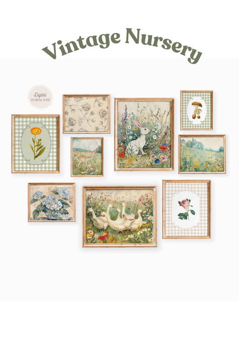 Create a timeless and charming baby decor with our vintage nursery gallery wall art set of 9 prints. These beautifully crafted printable prints add an elegant and cohesive look to your nursery, perfect for a classic and serene atmosphere. Nursery Gallery Wall Girl, Nursery Collage, Vintage Baby Girl Nursery, Cottagecore Nursery, Nursery Gallery Wall, Vintage Girl Nursery, Vintage Baby Nursery, Gallery Wall Nursery, Nursery Room Design