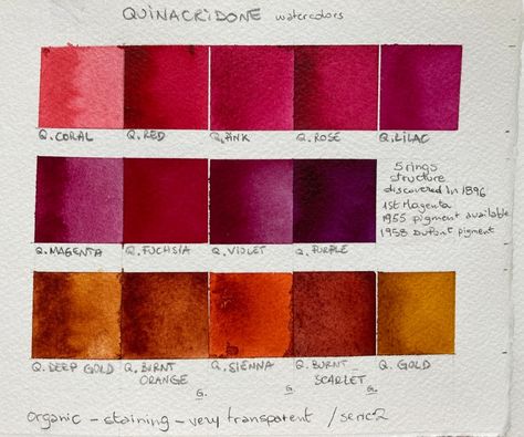 quinacridone swatches Leti Abstract Watercolor Paintings Tutorials, Watercolor Pallet, Color Theory Art, Color Mixing Chart, Art Tutorials Watercolor, Watercolor Mixing, Watercolor Tips, Art Basics, Drawing Journal