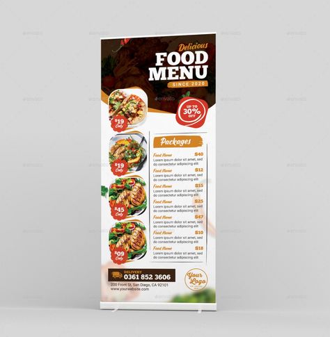 Food Menu Roll-Up Banner Menu Food, Roll Up Design, Food Ad, Rollup Banner, Fast Food Menu, Diy Banner, Food Names, Packaged Food, Menu Cards