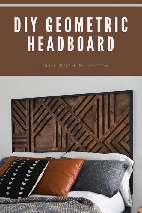 DIY Geometric Wood Headboard - DIY Huntress Diy Huntress, Geometric Headboard, Diy Wood Headboard, Headboard Tutorial, Wood Feature Wall, Build Projects, Headboard Ideas, Diy Headboards, Free Woodworking Plans