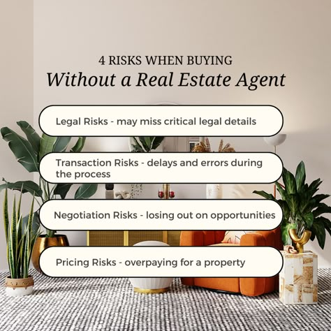 Buying a home without a real estate agent can be risky. You could miss critical legal details, overpay for a property, struggle to negotiate effectively, or experience transactional issues. To avoid these risks, work with a professional real estate agent who can guide you through the process and ensure a successful transaction! #realestateagent #homebuyingtips #realestateadvice #homesearch #propertybuying #homebuyingprocess Real Estate Q And A, Realtor Posts, Realtor Content, Property Management Marketing, Real Estate Post, Real Estate Marketing Quotes, Real Estate Agent Branding, Real Estate Marketing Plan, Real Estate Fun