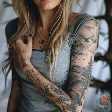 Womens Feminine Sleeve Tattoo, Natural Tattoo Sleeve, Outdoor Tattoo For Women Forearm, Four Elements Tattoo Sleeve, Landscape Tattoo Sleeve Women, Artistic Sleeve Tattoos, Three Quarter Sleeve Tattoo Women, Women’s 3/4 Sleeve Tattoo, Outdoor Nature Tattoo