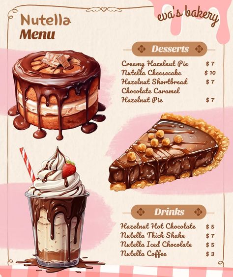 Indulge in a Nutella lover's dream with our heavenly Nutella-themed menu! (๑•᎑•๑)🤎 Immerse yourself in the velvety goodness of our Nutella … | Instagram Menu Drawing Food Illustrations, Chocolate Menu Design, Hazelnut Pie, Nutella Shake, Nutella Filling, Nutella Lover, Desserts Drawing, Drawing Illustrator, Homemade Cookbook