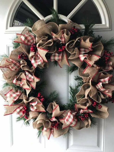 Rag Bows, Cheap Wreaths, Christmas Burlap Wreath, Farmhouse Christmas Decorations, Grapevine Christmas, Rustic Christmas Wreath, Burlap Christmas Wreath, Burlap Wreaths, Christmas Window Decorations