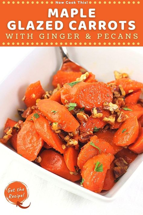 These maple-ginger glazed carrots with pecans are a quick, easy and delicious vegetable side dish that's perfect for holiday dinners or a simple weeknight supper. Made on the stovetop in one pan, tender carrots are coated in a buttery, ginger-infused maple syrup glaze, and chopped pecans add a yummy crunch. Always a hit! Get the recipe and give them a try! Maple Syrup Carrots, Carrot Recipes Side Dishes, Cinnamon Carrots, Maple Syrup Glaze, Carrots Side Dish, Maple Glazed Carrots, Glazed Carrots Recipe, Candied Carrots, Vegetable Side Dish