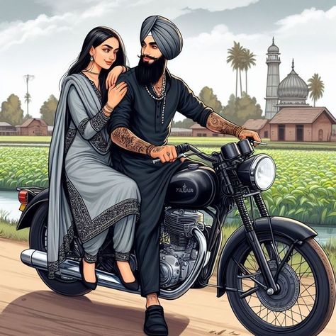 Sardar Sardarni Couple Sketch, Punjabi Couple Drawing, Punjabi Couples Pics, Couple Punjabi, Sikh Couple, Couple Shadow, Sikh Art, Potrait Painting, Spiritual Pictures