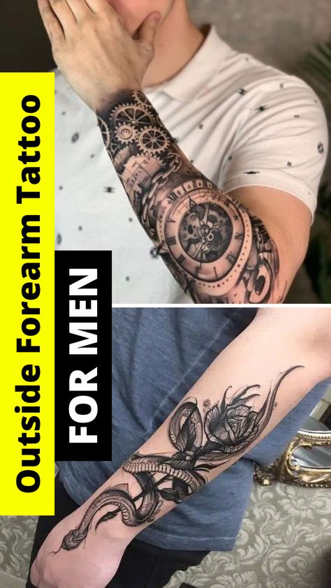 Outside Forearm Tattoos for MEN & Woman Outdoor Forearm Tattoo, Wilderness Tattoos For Men Forearm, Long Live Tattoos For Men Forearm, Outter Arm Tattoo Men Forearm, Forarm Tattoos Forest, Cool Tattoos For Guys, Forearm Tattoo Men, Forearm Tattoo, Forearm Tattoos