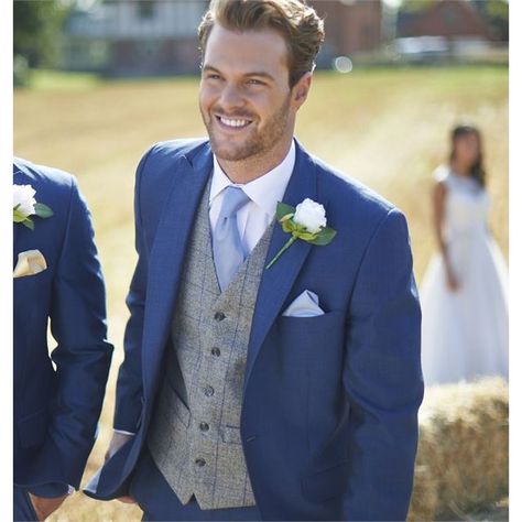 Blue and grey groomswear from Weddington Suit Hire Blue Suit Grey Waistcoat, Blue Tuxedo Wedding, Wedding Suits Men Blue, Men In Suits, Royal Blue Suit, Groom Wedding Attire, Blue Suit Wedding, Wedding Suits Groom, Groomsmen Suits