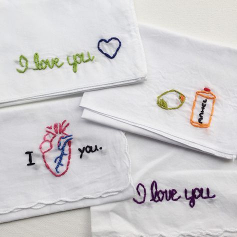 Ways to say "I love you" on hankies. Or, translate your own way of saying it into embroidery. Getting started is easy, just a quick message or email. Handkerchief Embroidery For Boyfriend, Handmade Handkerchiefs, Handkerchief Embroidery, Olive Juice, Love Birthday Quotes, Simple Hand Embroidery Patterns, Simple Embroidery Designs, Diy Embroidery Designs, Knots Diy