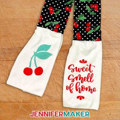 Kitchen boa scarf with black polka dot cherry fabric for the neck, Infusible Ink cherries on one towel end, and a brush script "sweet smell of home" on the other. Kitchen Boas Pattern Free, Kitchen Boa, Cherry Fabric, Jennifer Maker, Infusible Ink Transfer Sheets, Ink Crafts, Simple Sewing, Quick Diy, Brush Script