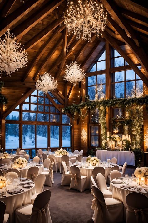 December Wedding Theme Ideas, Park City Wedding Winter, Dreamy Winter Wedding, Winter Venue Wedding, Christmas Mountain Wedding, Rustic Winter Wedding Dress, Simple December Wedding, Winter Wedding Lights, Winter Wedding With Christmas Trees