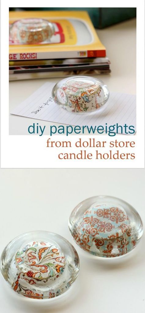 Create gorgeous, customizable DIY paperweights from dollar store glass candle holders! This easy project makes a great gift idea, and you can personalize. Paperweights Diy, Diy Paperweights, Paper Weights Diy, Dollar Store Candle Holder, Diy Candle Gift, Diy Jewelry Hanger, Rock Candle Holder, Dollar Store Candles, Paper Candle