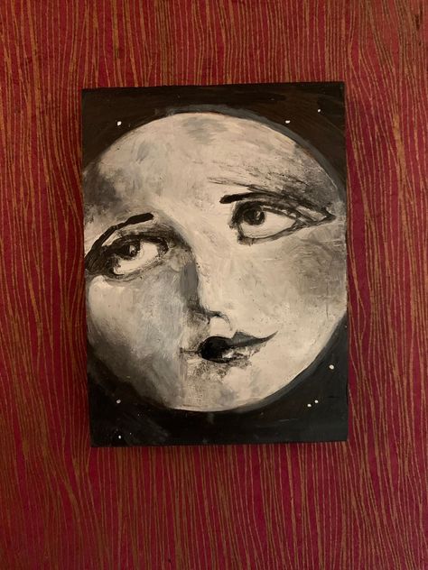 Moon Painting Acrylic, Painting In Black And White, Messy Painting, Moon With Face, Red Moodboard, Painted Moon, Moon Faces, Block Of Wood, Moon Painting