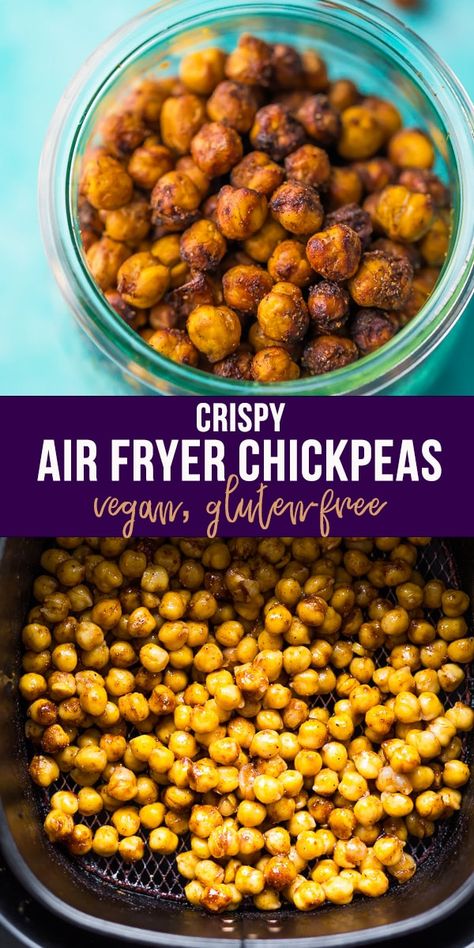 Crispy air fryer chickpeas are the tastiest and crunchiest snack you will find. Using the air fryer cuts the cook time down to 15 minutes, and they are so much crispier than in the oven! Vegan and gluten-free, these crispy roasted chickpeas are an awesome healthier snack. #sweetpeasandsaffron #vegan #glutenfree #cleaneating #chickpeas #vegetarian #snack #mealprep Crispy Air Fryer Chickpeas, Crispy Roasted Chickpeas, Air Fryer Chickpeas, Chickpeas Recipe, Meal Prep Snacks, Air Fryer Dinner Recipes, Air Fryer Recipes Easy, Air Fryer Recipes Healthy, Roasted Chickpeas