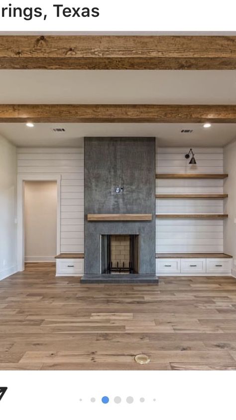 Fireplace With Uneven Sides, Shiplap Wall Around Fireplace, Fireplace With Floating Shelves On Sides Farmhouse, Unsymmetrical Fireplace Wall, Shiplap Fireplace Wall With Shelves, Shiplap Fireplace With Shelves On Side, Fireplace With Door On One Side, Uneven Fireplace Wall, Wood Plank Fireplace Wall