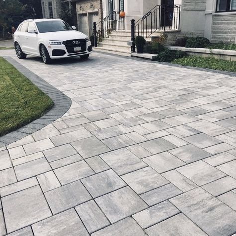 Grey Paver Walkway, Brick Paver Driveway Ideas, Driveways With Pavers, Sidewalk Design Ideas, Simple Driveway Ideas, Driveway Ideas Modern, Pavers Driveway Ideas, Parking Pad In Front Of House, Drive Ways Ideas