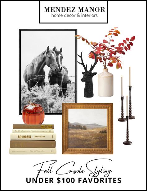 Fall Console Table Accessories and Decor all under $100 Under Window Decor, Branch Arrangements, Decorating For Fall, Console Styling, Iron Candle Holders, Iron Candlesticks, Console Table Accessories, Autumn Display, Fall Items