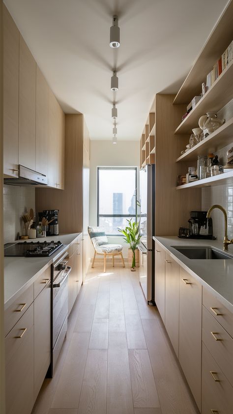 Hallway Kitchen Layout, Galley Kitchen Fridge Placement, Modern Kitchen Galley, Elongated Kitchen Layout, Kitchen Narrow Layout, Lighting For Galley Kitchen, Small Hallway Kitchen, Alley Kitchen Remodel Layout, Galley Kitchen No Window