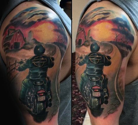 Biker Riding Into The Sunset Mens Half Sleeve Tattoos Full Arm Sleeve Tattoo, Sleeve Henna, Sunset Tattoo, Motorcycle Tattoo, Half Sleeve Tattoos, Cool Half Sleeve Tattoos, Harley Davidson Tattoos, Half Sleeve Tattoos Drawings, Biker Tattoos