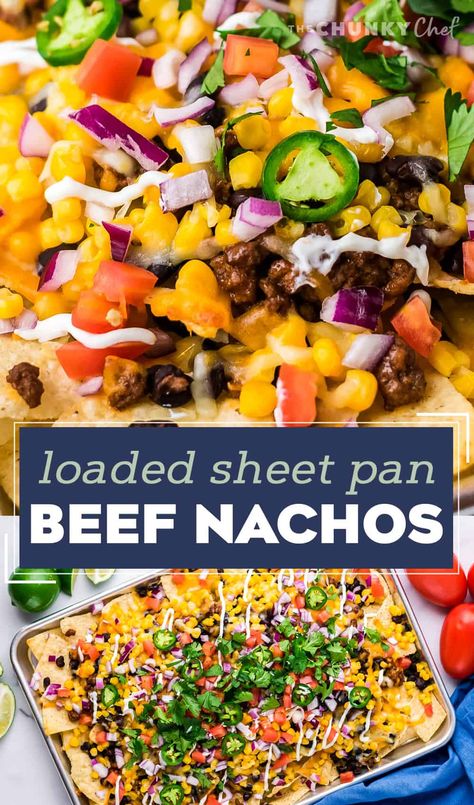 These Fully Loaded Sheet Pan Beef Nachos are made easily on a sheet pan, and piled up with plenty of beef, cheese, and all the toppings! So easy to make in just 20 minutes and are perfect for any party! #nachos #beef #sheetpan #appetizer Fully Loaded Nachos, Easy Dinner Recipes Mexican, Dinner Recipes Mexican, Party Nachos, Sheet Pan Beef, Pan Nachos, Beef Nachos, Mexican Dip, Chunky Chef