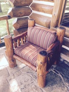 Log Cabin Porch, Log Chairs, Wood Chair Diy, Cabin Porch, Rustic Log Furniture, Log Cabin Furniture, Porch Chairs, Cabin Furniture, Log Cabin Decor