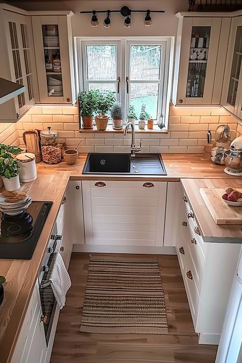 Decor Small Kitchen Ideas, White And Wood Interior Design Small House, Best Small Kitchen Ideas, Small Kitchen Square Layout, Small Room Kitchen Ideas, Small Enclosed Kitchen Ideas, Small Space House Ideas, Small Country Home Ideas, Small Space Living Kitchen