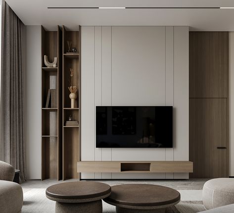 Living Room Japandi Design, Minimal Design Living Room, Living Tv Wall Design, Japandi Living Room Tv Wall, Living Room Designs Japandi, Japandi Tv Room, Tv Design Wall Modern, Interior Design Tv Wall Modern, Tv Wall Japandi