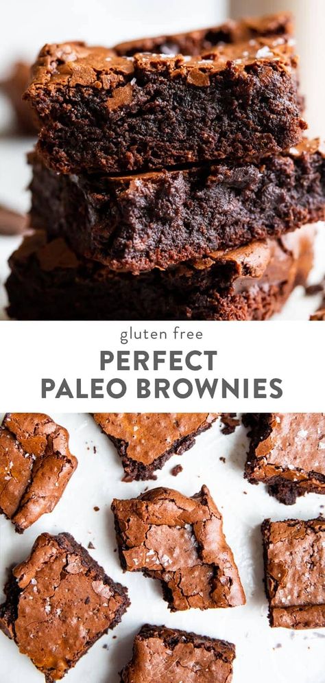 These paleo brownies are simply the best: they're fudgy and dense with a crunchy, crackly top and chewy edges. Not only that, they're quick and easy to make! Made with almond and coconut flour, they're gluten free, grain free, and dairy free, too. They're topped with a sprinkle of flake salt for the perfect gourmet complement to these rich, delicious brownies. #paleo #dessert Brownies Fudgy, Paleo Brownies, Dessert Halloween, Paleo Recipes Dessert, Paleo Baking, Dessert Aux Fruits, Paleo Sweets, Gluten Free Brownies, Delicious Brownies