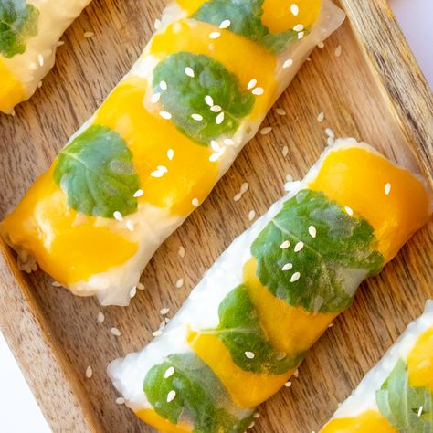 Thai Mango Sticky Rice Rolls – Thai Food Online (authentic Thai supermarket) Mango Rice Paper Rolls, Thai Mango Sticky Rice, Sticky Rice With Mango, Dishes Around The World, Rice With Mango, Coconut Sticky Rice, Thai Mango, Vietnamese Spring Rolls, Rice Rolls