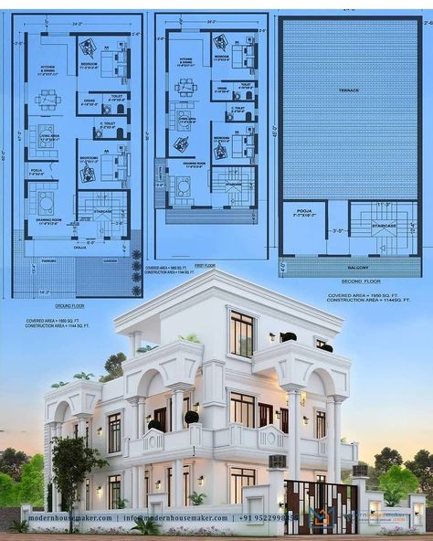 Villa Facade Design, 3d Elevation Design, Small Apartment Building Design, One Floor House Plans, Housing Building, House Structure Design, 3d Maya, Building Design Plan, Two Story House Design