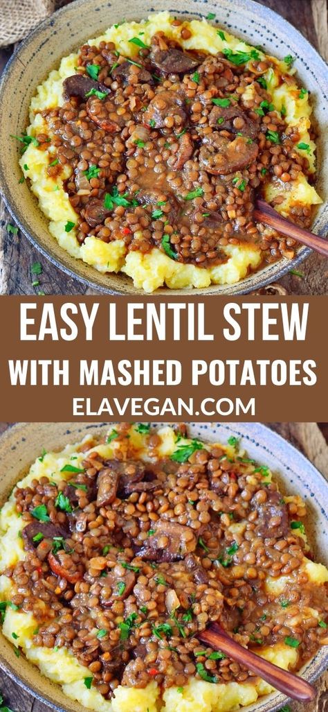 Stew With Mashed Potatoes, Recipe For Lunch, Vegan Stew, With Mashed Potatoes, Lentil Stew, Tasty Vegetarian Recipes, Lentil Recipes, Vegetarian Dinners, Meatless Meals