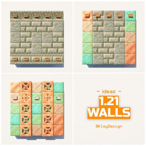 1.21 WALL IDEAS! 👷🏼 The new update is finally out!! So why wouldn’t I build three wall ideas?! 😏 Jokes aside, I hope you like them! What’s your favorite? 💬 ——————————————— ⁃ 🪴 Follow @klay.design_mc for more! ⁃ 💬 Lemme know your thoughts! ⁃ 🙌 Complementary Shaders ⁃ 🍳 Repost with credits only! ——————————————— #minecraft #minecraftbuild #minecraftideas #minecrafthouse #minecrafttips #minecraftpe #minecraftdesign #minecrafttutorial #walls #minecraftupdate Minecraft Letters Build, Mc Wall Design, Minecraft 1.21 Builds, Minecraft Badlands, Minecraft Copper Builds, Minecraft Wall Design, Minecraft Wall Designs, Minecraft Update, Minecraft Light