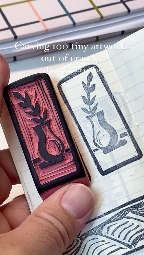 This minimalist design was super fun to carve. 😍 I’m trying to catch up on posting these! This is eraser 57/100! #pinkeraserart… | Instagram Print Making Designs, Eraser Art, Rubber Stamps Diy, Homemade Stamps, Eraser Stamp, Linocut Printmaking, Lino Art, Hand Carved Stamps, Stamp Carving