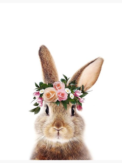 Bunny With Flower Crown, Baby Animals Art, Rabbit Portrait, Baby Animal Art, Crown Baby, Baby Rabbit, Soyut Sanat Tabloları, Nursery Wall Stickers, Bunny Art