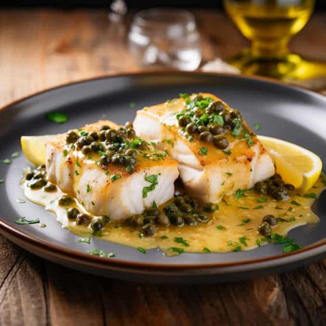 Quick Chilean Sea Bass With Lemon Caper Sauce - Seafood Recipes - LGCM Sea Bass Sauce Recipe, Alaskan Pollock Recipes, Chilean Sea Bass Recipe Pan Seared, Pollock Recipes, Easy Fish Dinners, Poached Cod, Butter Fish, Recipe With Garlic, Sea Bass Recipes