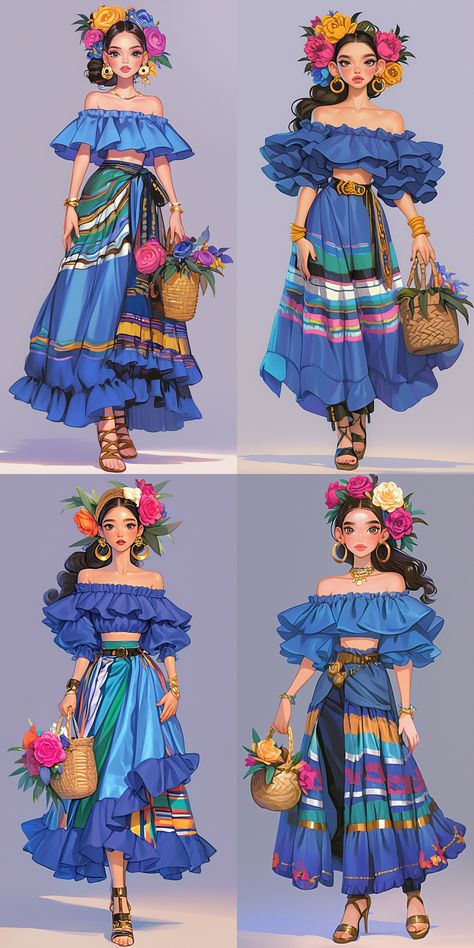 Mexican Folk Dress, Mexico Traditional Clothes, Mexican Character Design, Mexican Dresses For Women, Jjba Stands, Mexican Dresses Traditional, Mexican Traditional Clothing, Fantasy World Building, Mexican Models