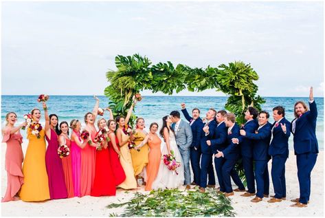 Tropical Wedding Groomsmen, Tropical Wedding Party Attire, Bright Beach Wedding, Beach Destination Wedding Dress, Dominican Wedding, Tulum Mexico Wedding, Colorful Beach Wedding, Bright Bridesmaid Dresses, Brazil Wedding