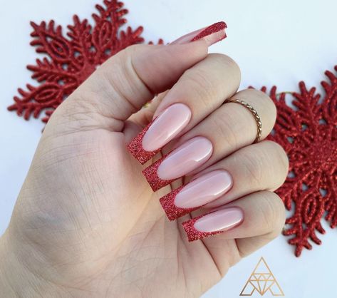 Red Sparkly Nails, Glitter French Nails, Horror Nails, Red Nails Glitter, Diamond Top, Glow Nails, Christmas Nails Acrylic, Long Square Acrylic Nails, Design Nail