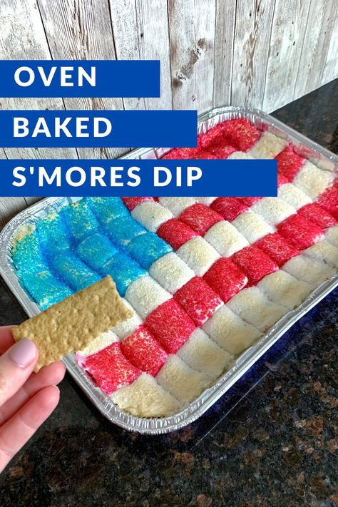 Need an easy dessert idea for the 4th of July? Kortney and Karlee are showing you how to make this yummy American Flag s’mores dip. The s’mores dip has chocolate, marshmallows, and graham crackers, a crowd favorite for sure! This recipe can be made in under 15 minutes. You could also make this recipe for Halloween, Christmas, or Easter and just switch up the colored sprinkles. Click through to read more and find this recipe on Kortney and Karlee. #4thofjulyrecipe #easyrecipe #smoresdip American Flag Dessert, Smores Dip Recipe, Flag Desserts, Easy Dessert Idea, Baked Smores, Marshmallow Smores, 4th July Food, Marshmallow Desserts, Smores Dip